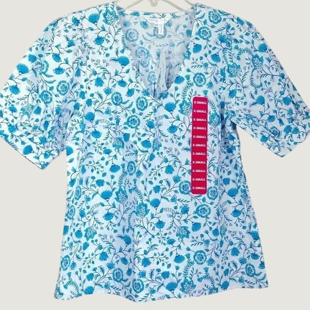 Draper James Womens XS Blue White Floral Puff Sleeve V Neck Blouse Top NWT
